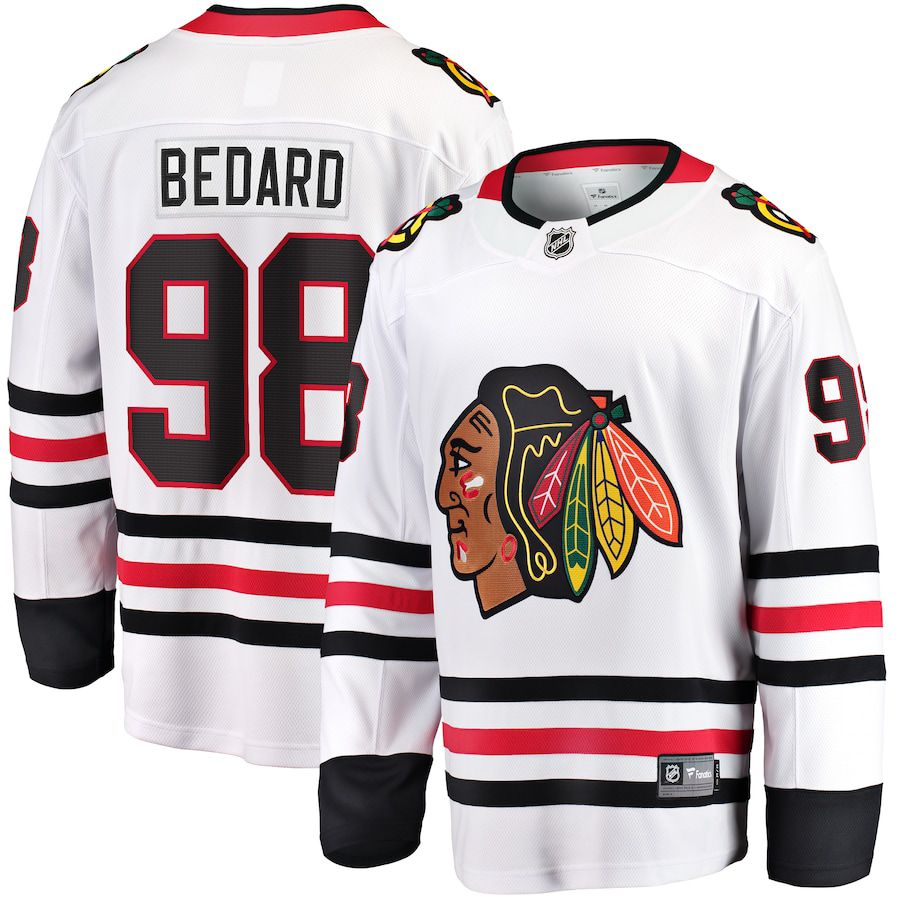 Men Chicago Blackhawks 98 Connor Bedard Fanatics Branded White Away Breakaway Player NHL Jersey